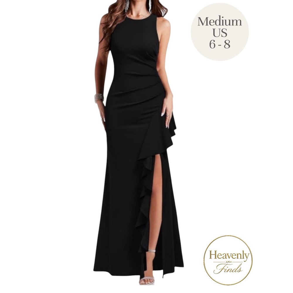 Black Maxi Dress Side Ruffle Slit M Formal Cocktail Wedding Bodycon Party NWT